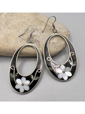 Vintage Alpaca Mexico Silver Abalone Shell Inlay Dangle Earrings